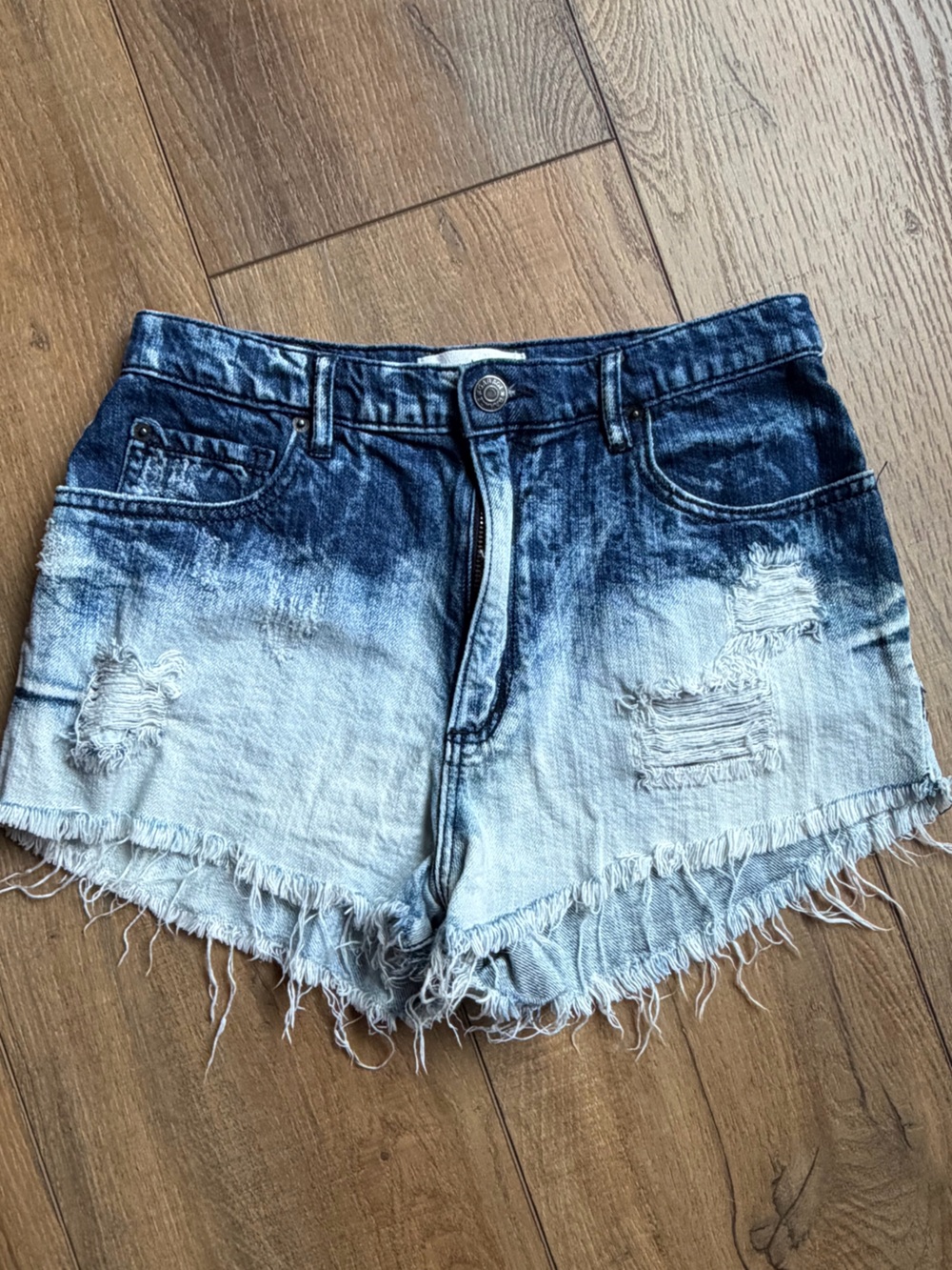Tumi Ombre Distressed Denim Shorts in Light and Dark Blue